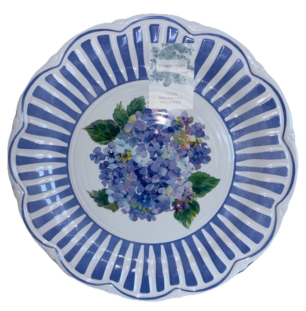 Shabby Chic Purple Hydrangea Stripes Melamine Outdoor Dinner Plates 11” Set Of 4